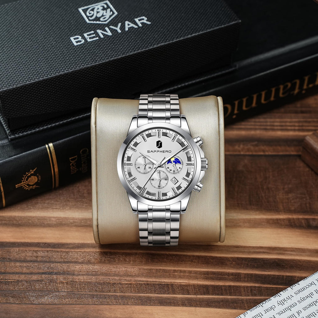 BENYAR Men's Watches Analog Quartz Chronograph Waterproof Stainless Steel Wrist Watches for Men Business Work Casual Sport Mens Dress Watch Unique Elegant Gifts for Men