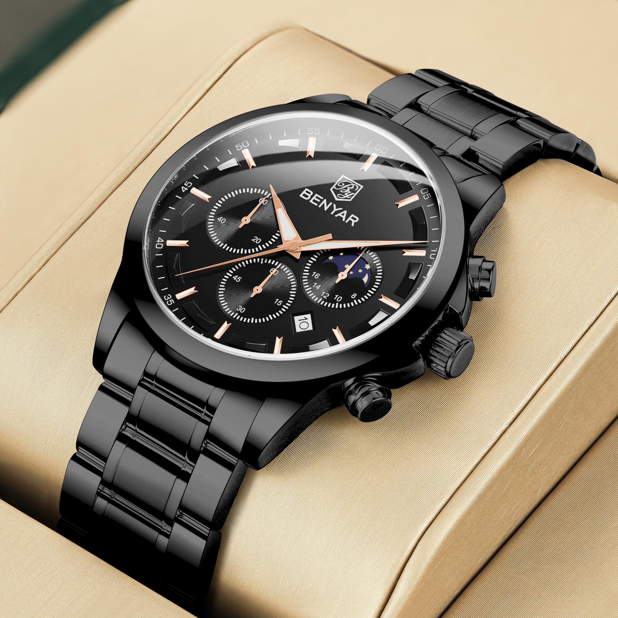 BENYAR Men's Watches Analog Quartz Chronograph Waterproof Stainless Steel Wrist Watches for Men Business Work Casual Sport Mens Dress Watch Unique Elegant Gifts for Men