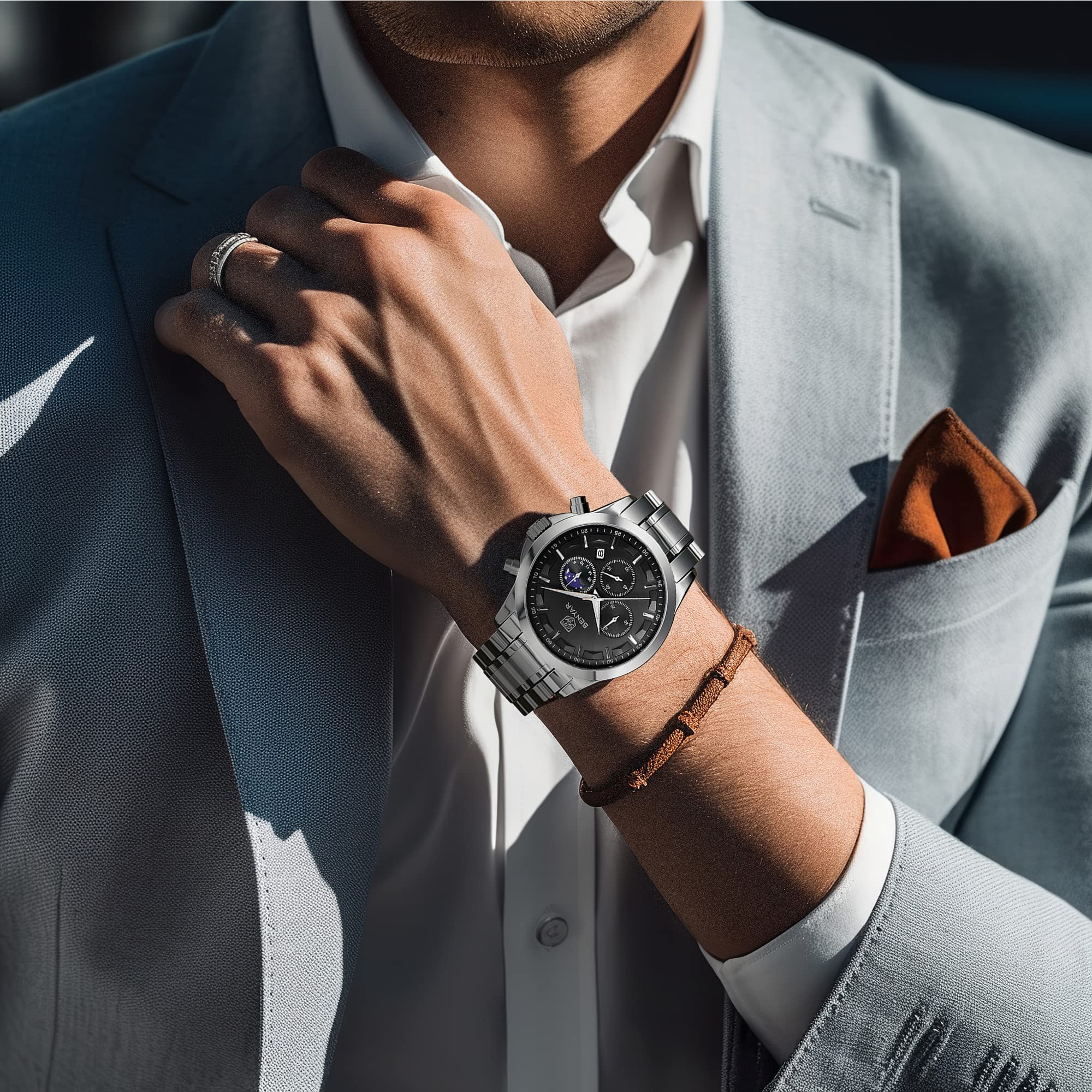 BENYAR Men's Watches Analog Quartz Chronograph Waterproof Stainless Steel Wrist Watches for Men Business Work Casual Sport Mens Dress Watch Unique Elegant Gifts for Men