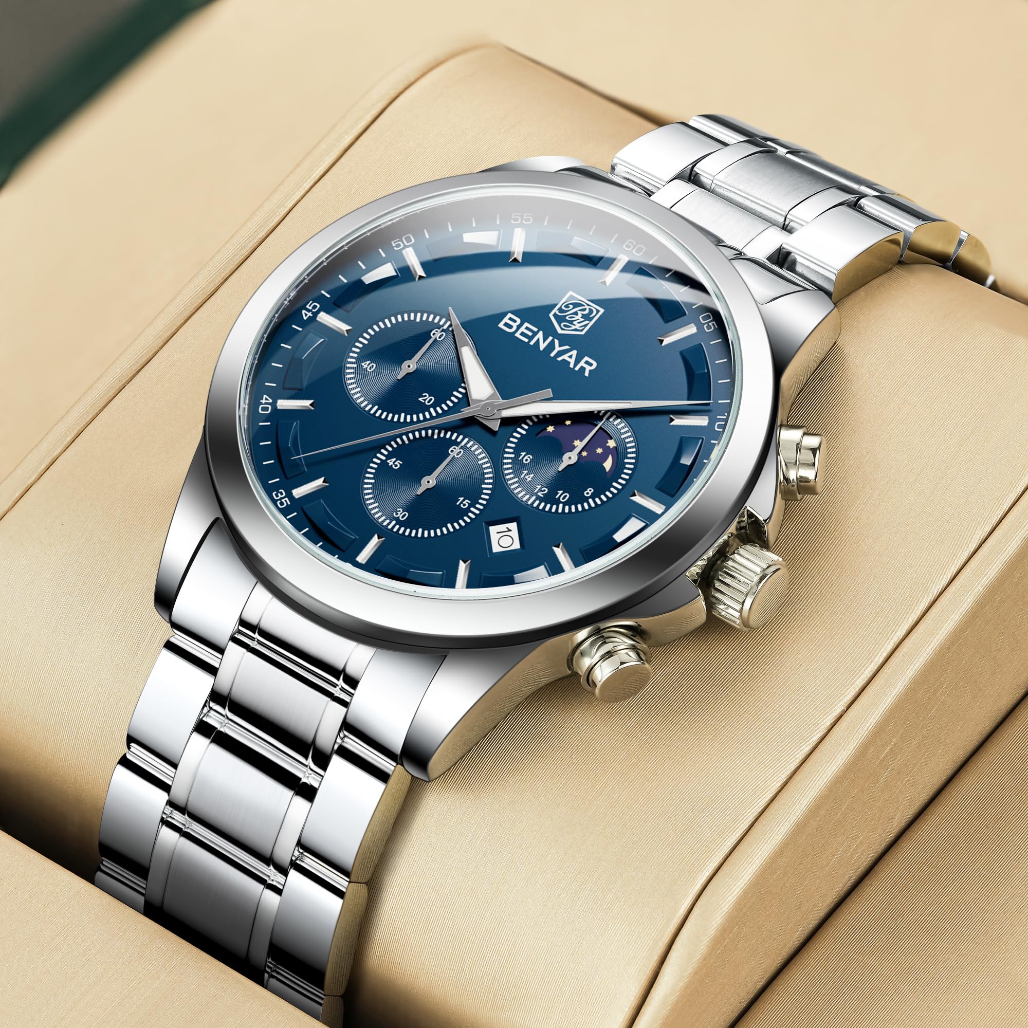 BENYAR Men's Watches Analog Quartz Chronograph Waterproof Stainless Steel Wrist Watches for Men Business Work Casual Sport Mens Dress Watch Unique Elegant Gifts for Men