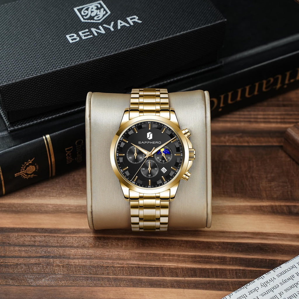 BENYAR Men's Watches Analog Quartz Chronograph Waterproof Stainless Steel Wrist Watches for Men Business Work Casual Sport Mens Dress Watch Unique Elegant Gifts for Men