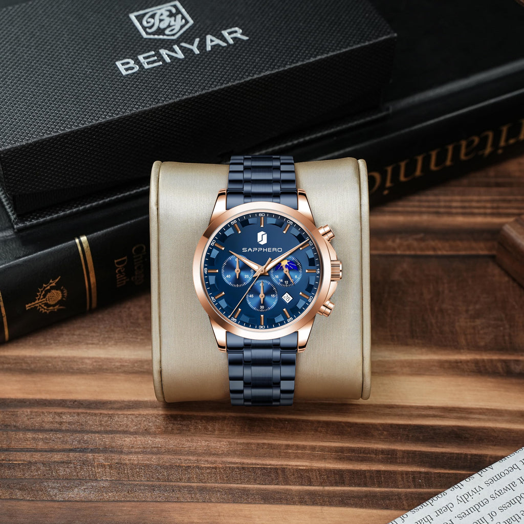 BENYAR Men's Watches Analog Quartz Chronograph Waterproof Stainless Steel Wrist Watches for Men Business Work Casual Sport Mens Dress Watch Unique Elegant Gifts for Men