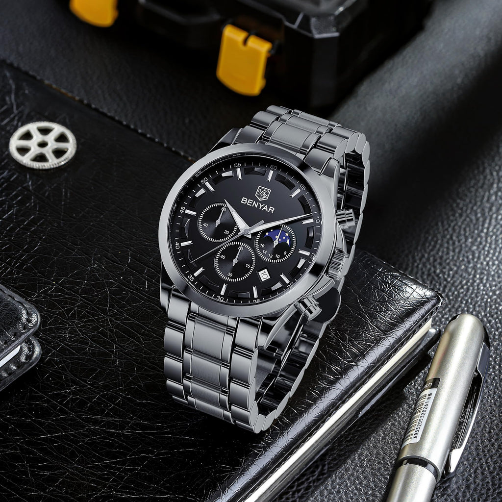 BENYAR Men's Watches Analog Quartz Chronograph Waterproof Stainless Steel Wrist Watches for Men Business Work Casual Sport Mens Dress Watch Unique Elegant Gifts for Men