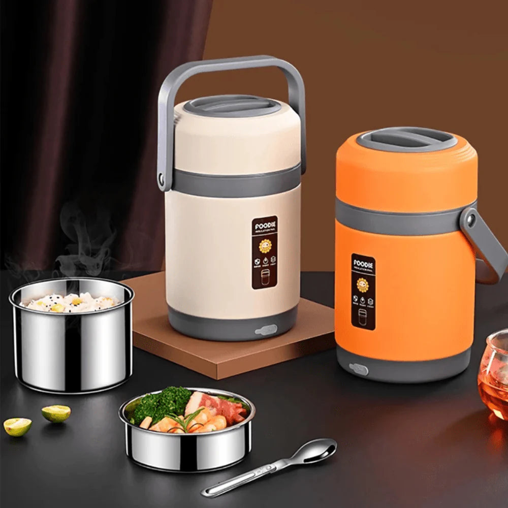 Two thermos containers, one beige and one orange, on a dark surface with food items and a spoon.
