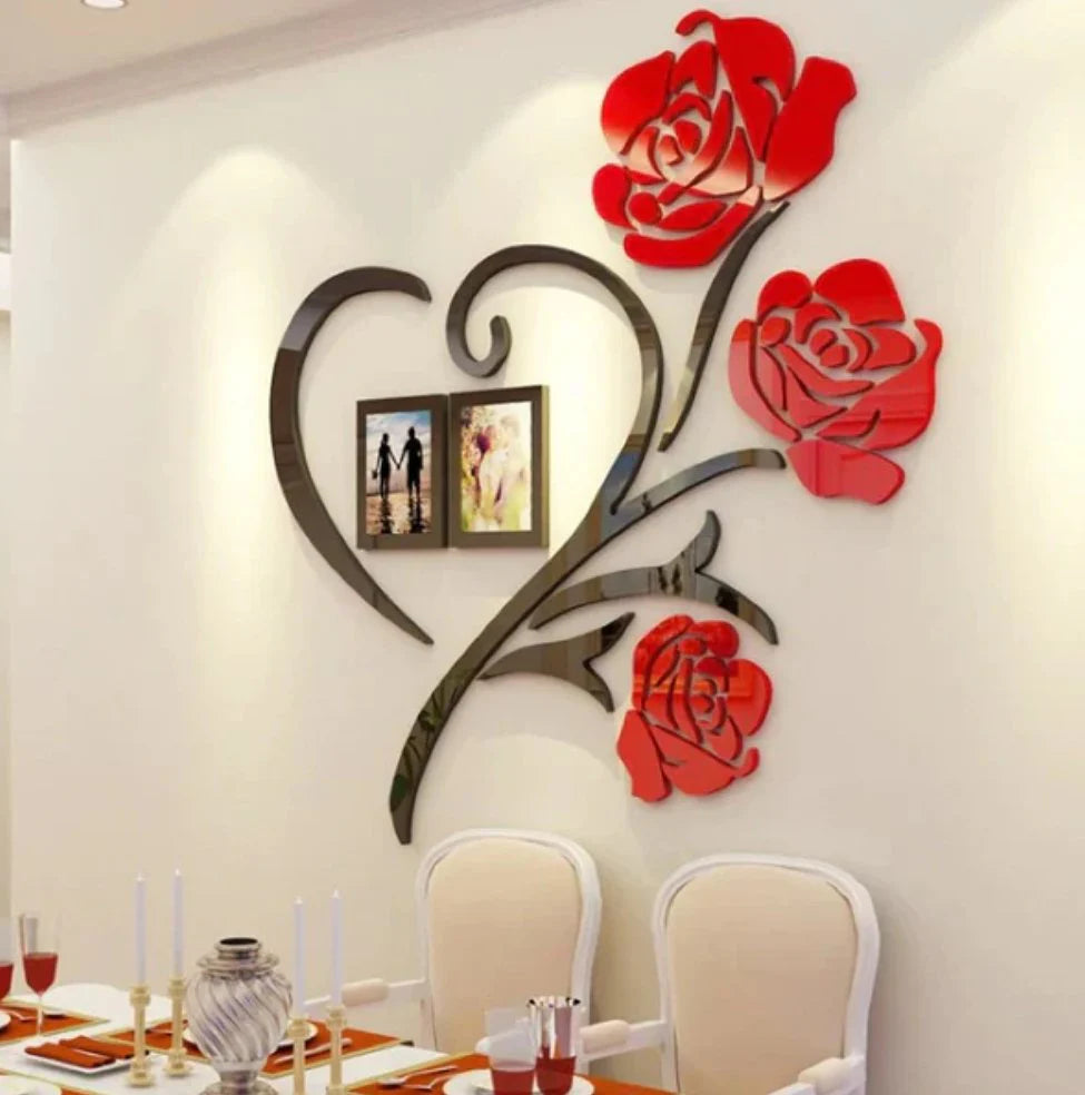Decorative wall art with red roses and a heart shape in a dining room setting.
