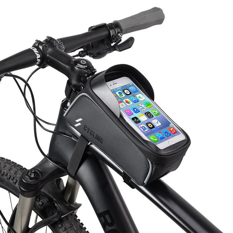 Bicycle handlebar with a Cyclime phone bag displaying a smartphone.