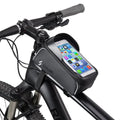 Bicycle handlebar with a Cyclime phone bag displaying a smartphone.