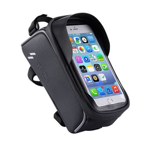 Black bike phone mount with smartphone displaying colorful app icons on a white background