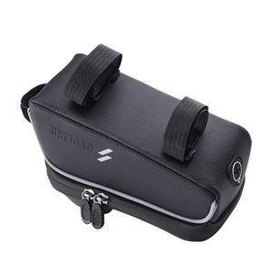 Black bike handlebar bag with brand logo on a white background