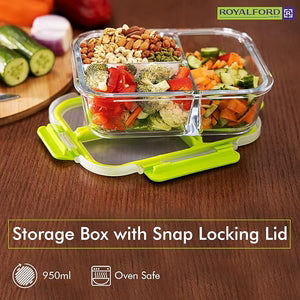 Glass storage box with snap locking lid containing vegetables and nuts on a wooden surface, with ROYALFORD branding.