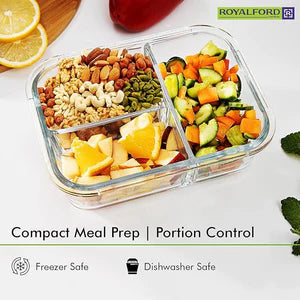 Glass meal prep container with compartments of fruits, vegetables, and nuts on a white background.